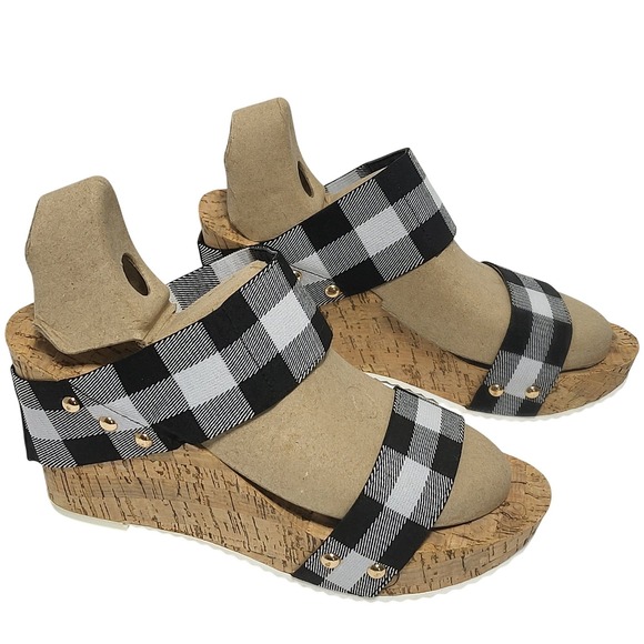 Comfort Est. 1946 Shoes - Comfort Est 1946 Womens Buffalo Plaid Cork Wedge‎ Platform Sandals Black White 9
